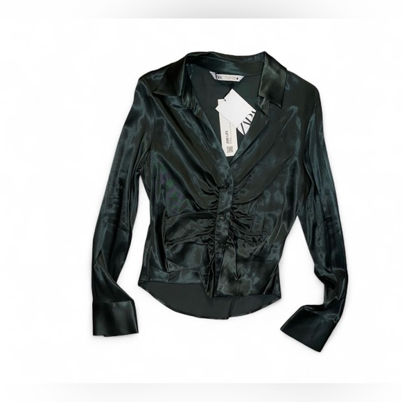 Zara dark green satin long sleeve blouse with ruching size small. NWT - Picture 3 of 7